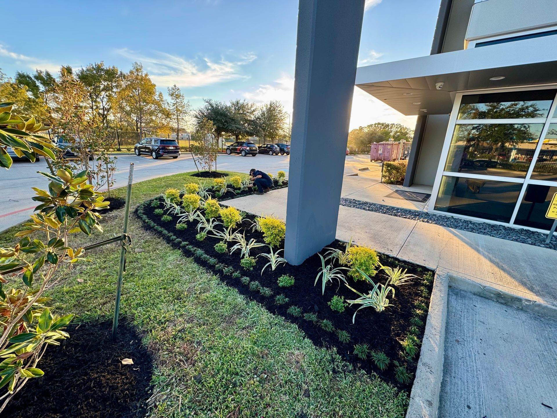 Landscaped area with shrubs, flowers, and a large building with glass windows; sunny day.