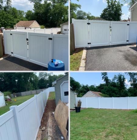A collage of four pictures of a white fence