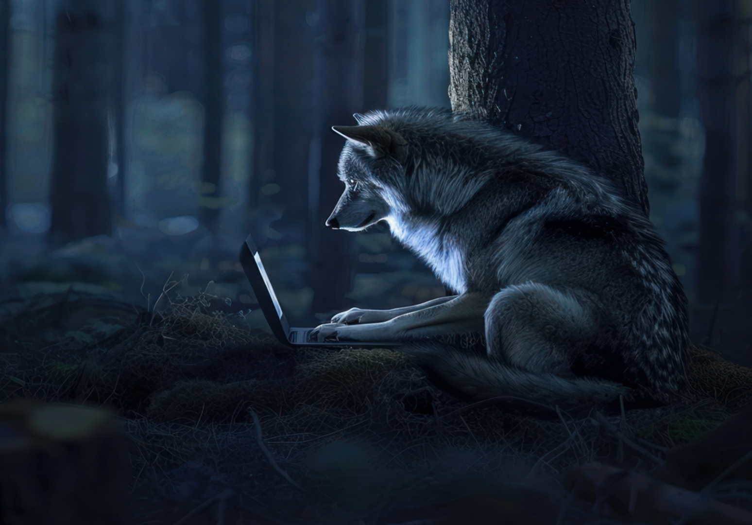 A wolf is sitting in the woods using a laptop computer.