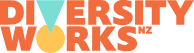 The logo for diversity works nz is orange and blue.