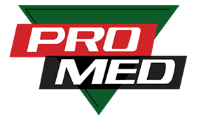 A pro med logo with a green triangle in the middle