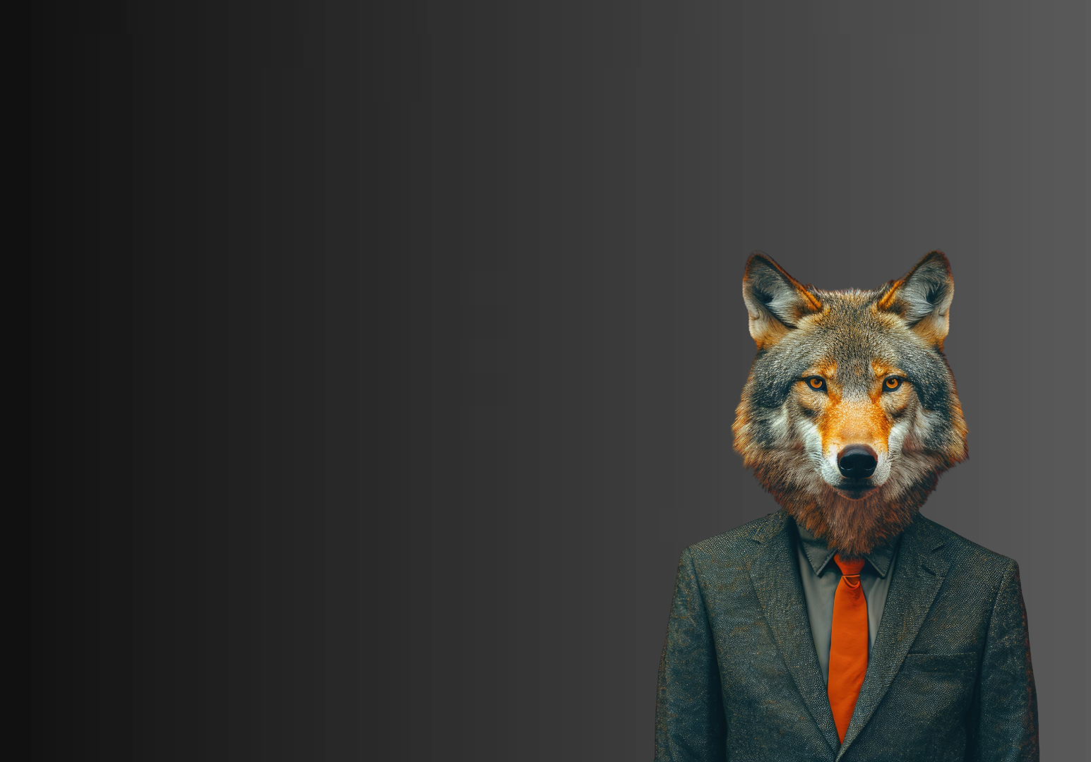 A wolf with a human head is wearing a suit and tie.