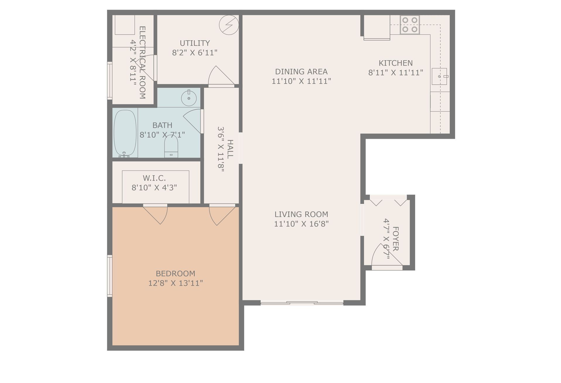 A floor plan of a house with a bedroom and a bathroom.