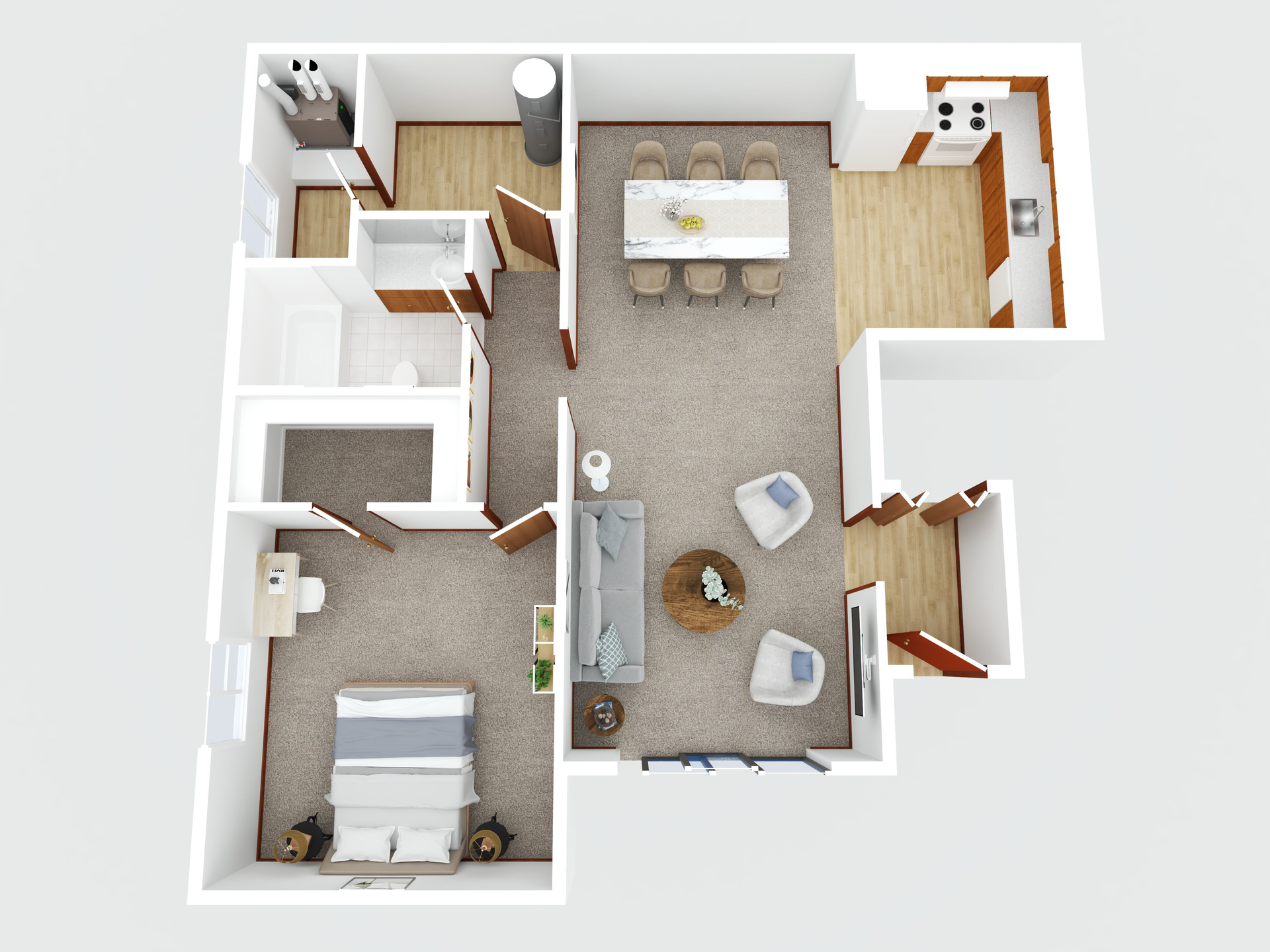 A 3d floor plan of a house with a bedroom , living room , dining room , and kitchen.