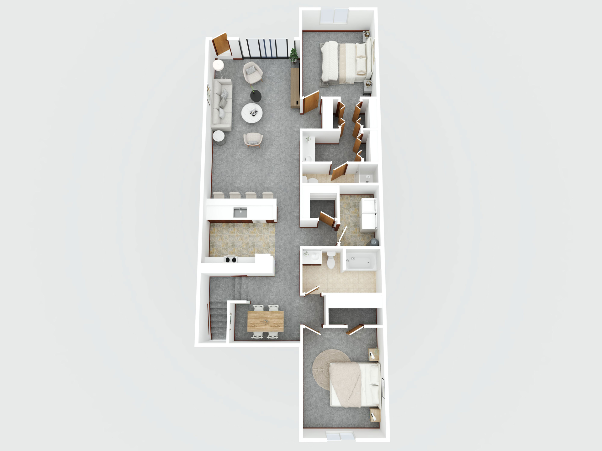 A 3d floor plan of a house with a lot of furniture.