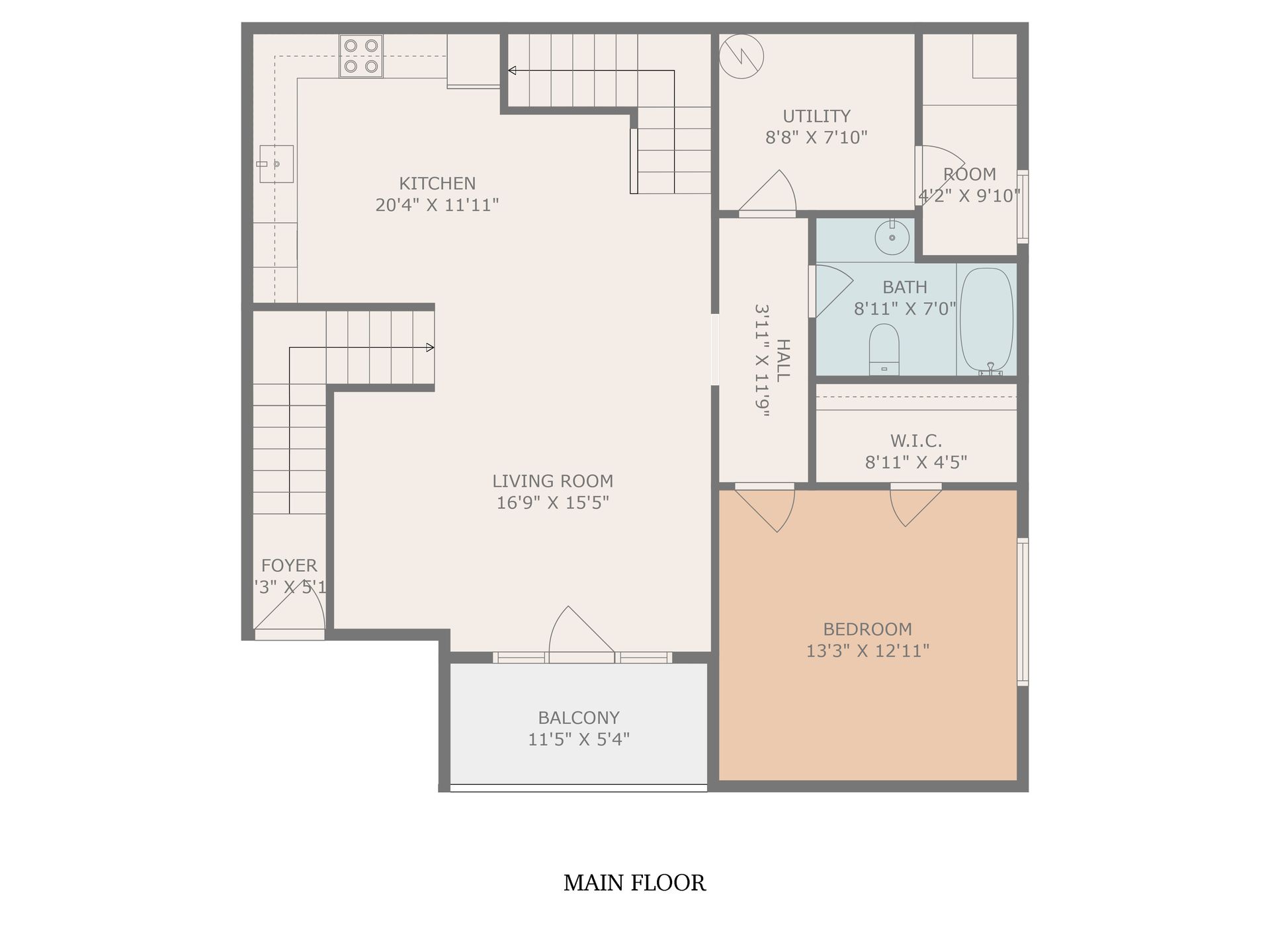 A floor plan of a house with a balcony and stairs