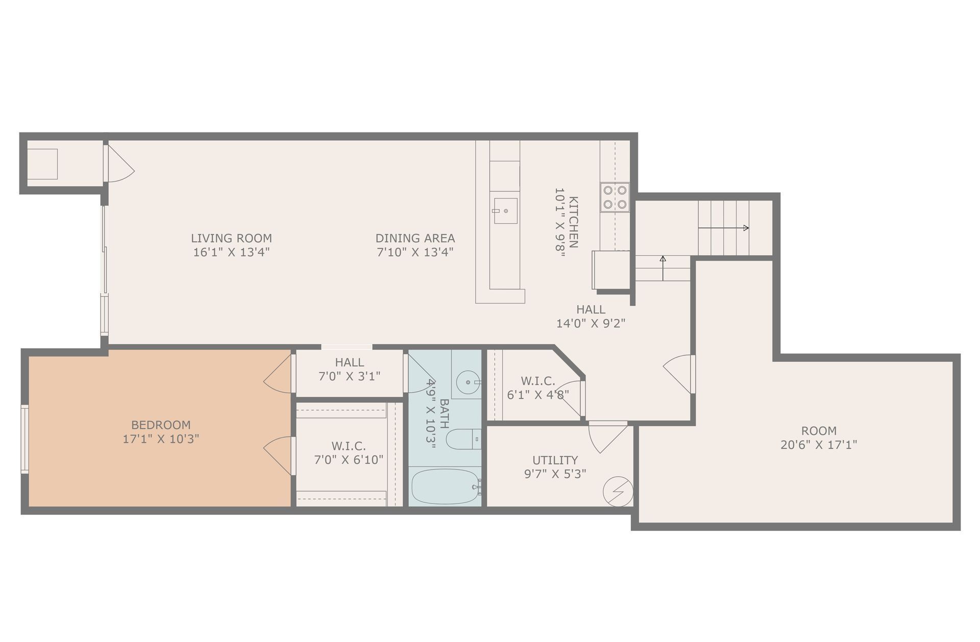 A floor plan of a house with a balcony and stairs.