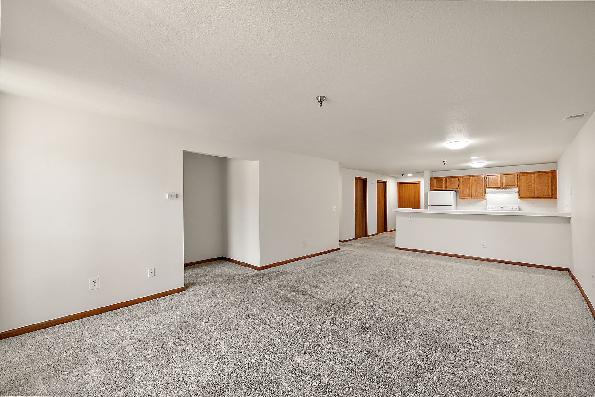 An empty living room with a carpeted floor and a kitchen in the background.