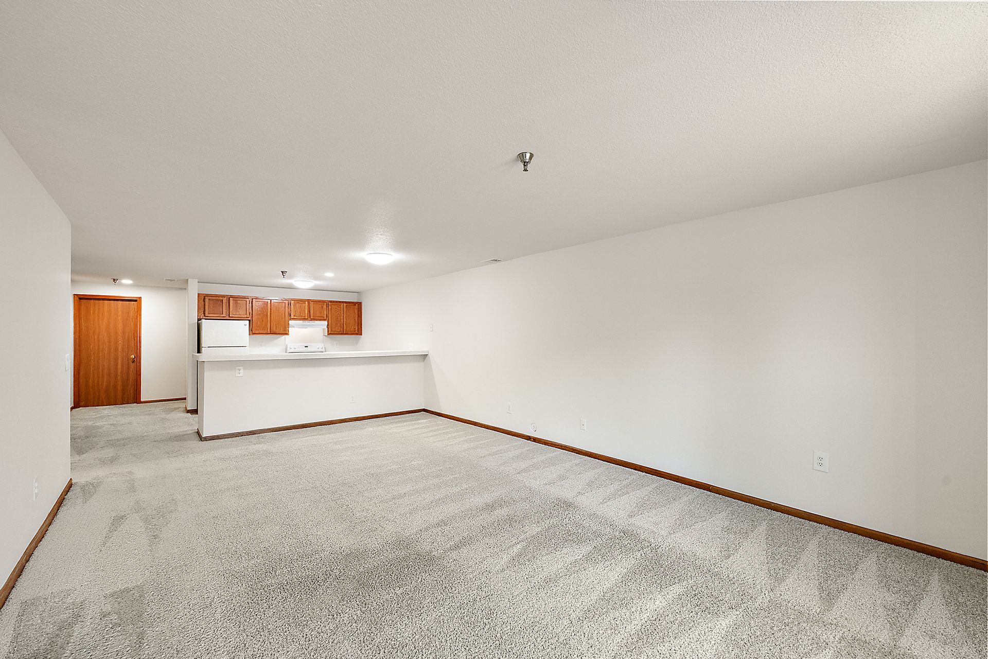 An empty living room with a carpeted floor and a kitchen in the background.