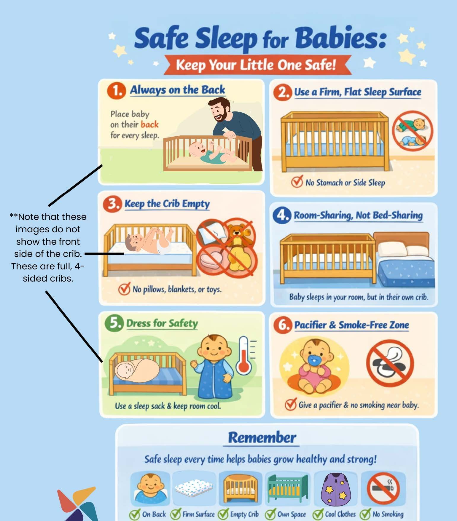 Infographic with six tips for safe baby sleep, including back-sleeping, empty cribs, and smoke-free environments.