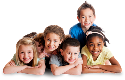 Five children with bright smiles lying on their stomachs against a plain white background.