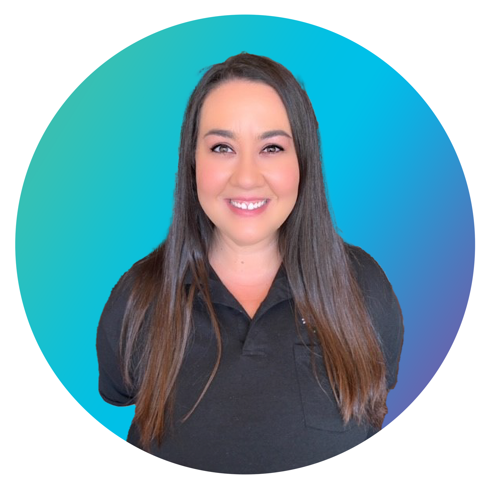 A woman in a black shirt is smiling in a blue circle.