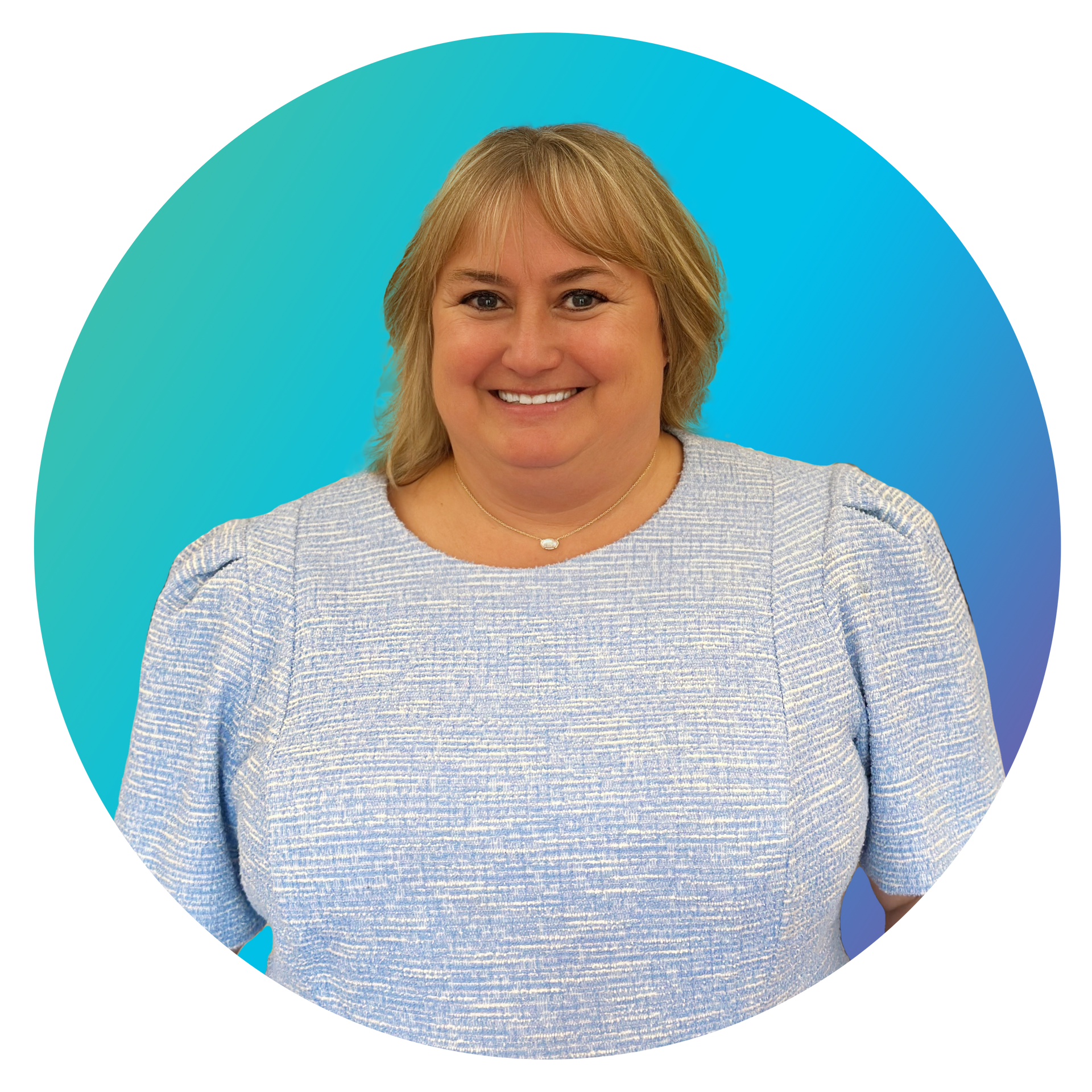 A woman in a blue shirt is smiling in a circle.