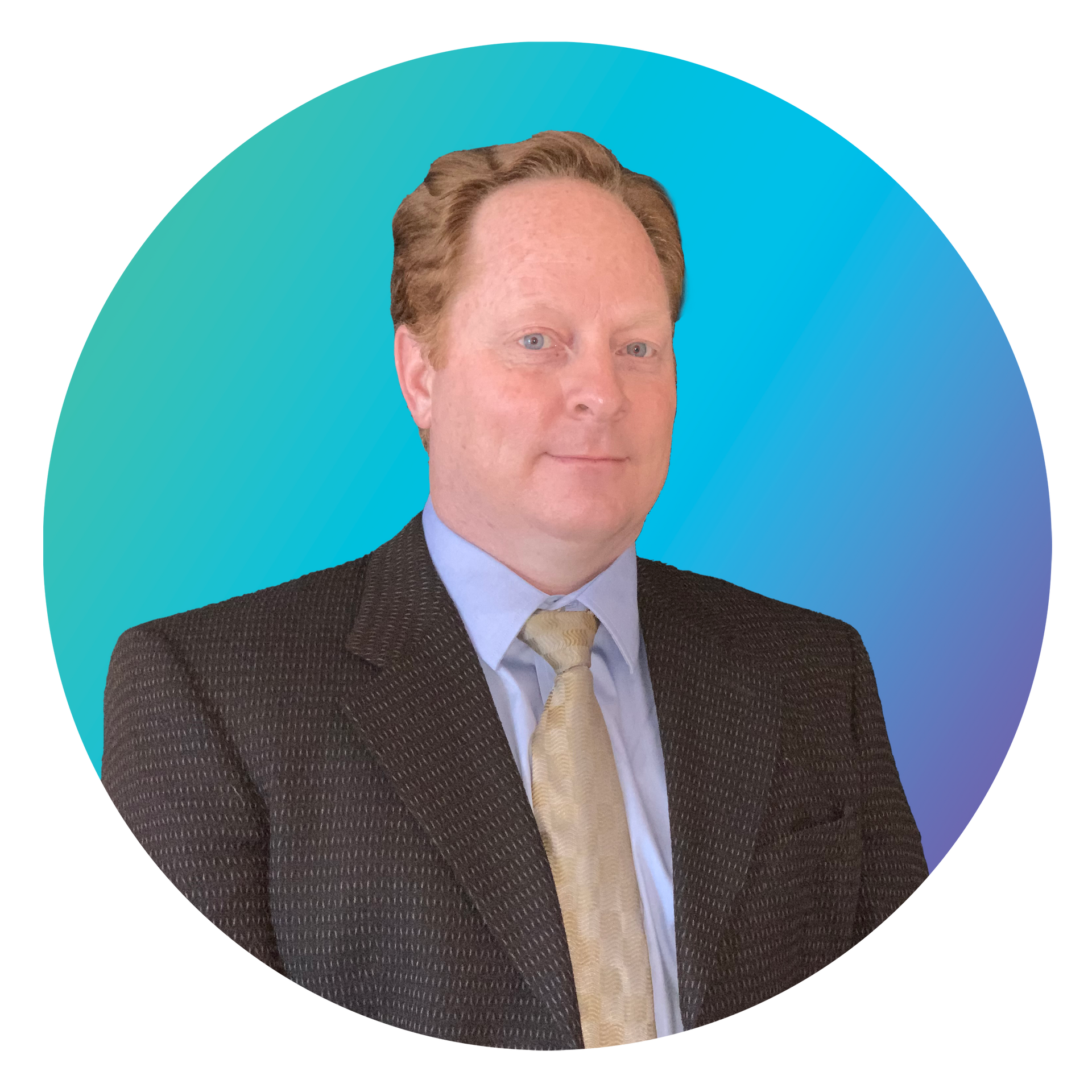 A man in a suit and tie is standing in a blue circle