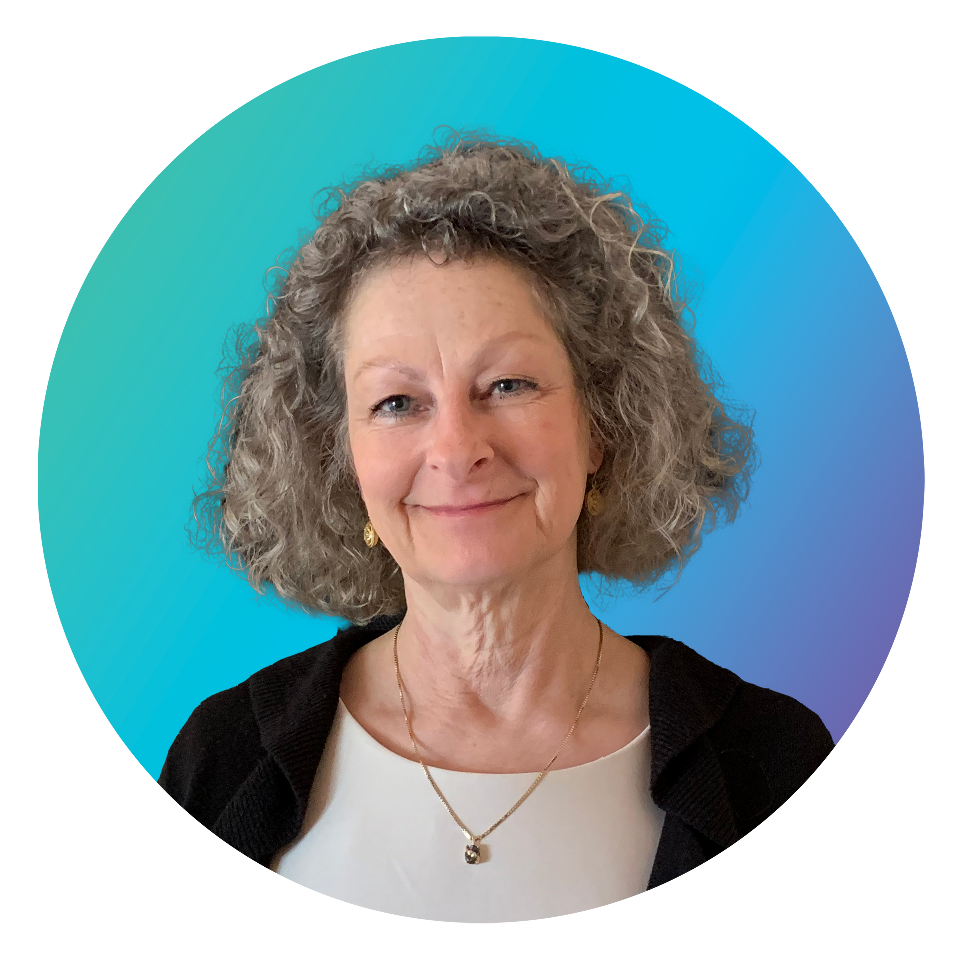 A woman with curly hair and a necklace is smiling in a circle.