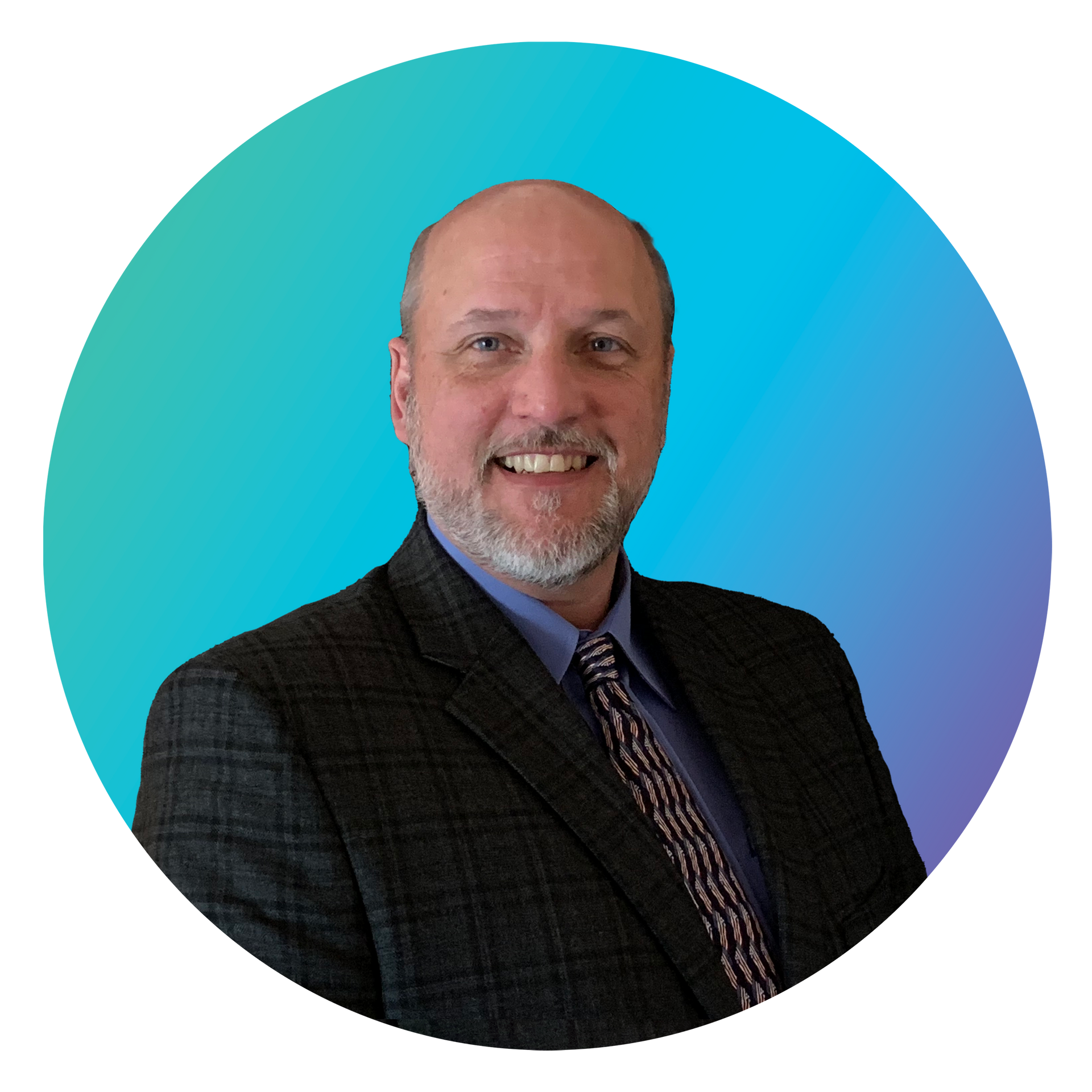 A man in a suit and tie is smiling in a circle.