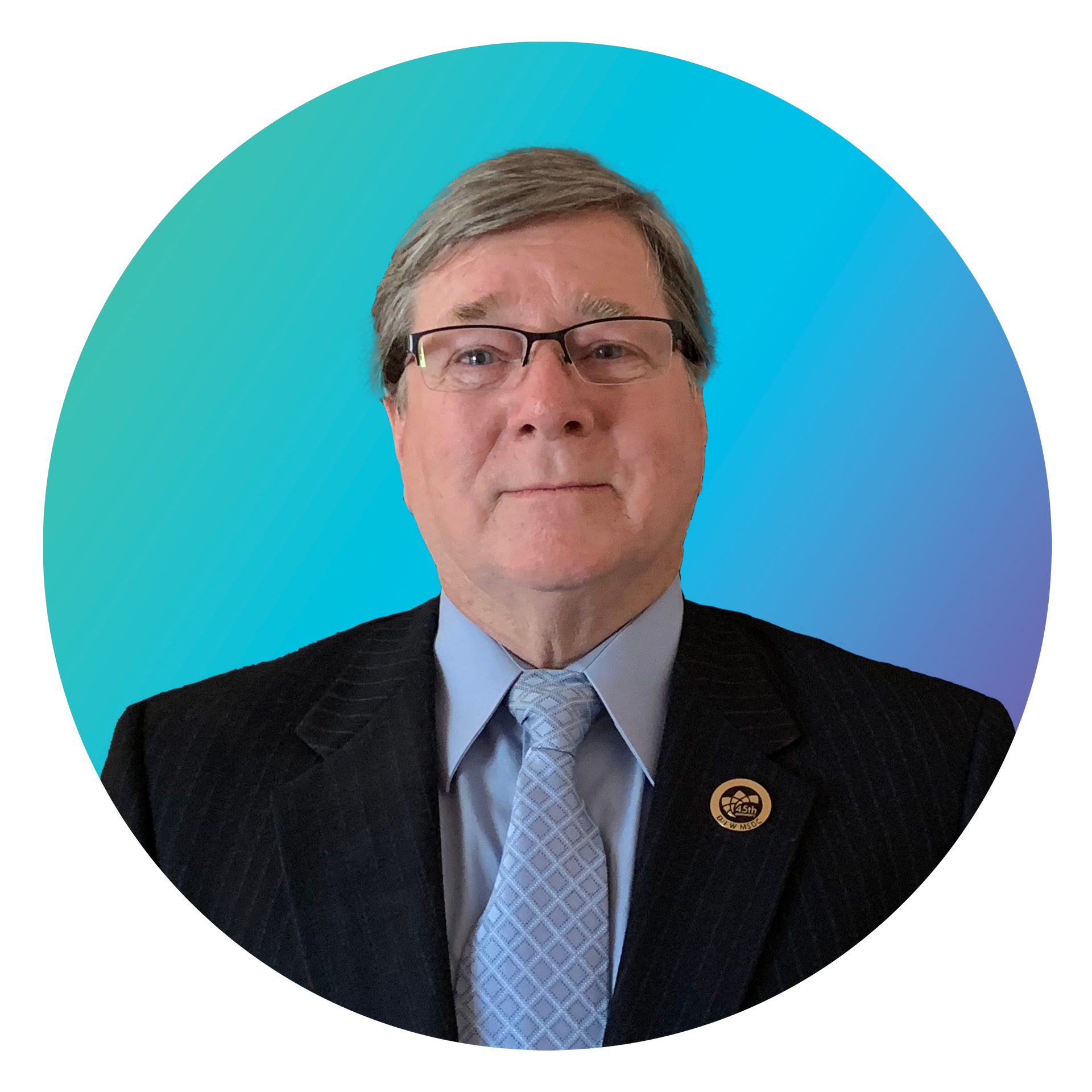 A man in a suit and tie is standing in a circle with a blue background.