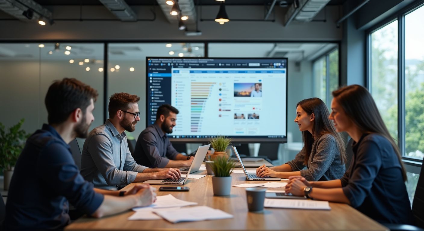 Group of people in a meeting, working on laptops and looking at a screen in a modern office.