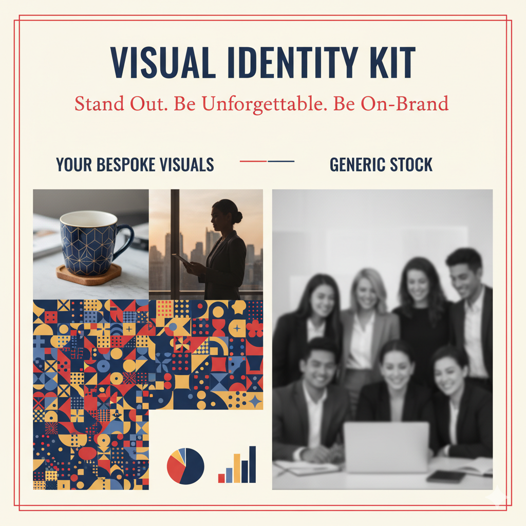 Visual identity kit with mug, woman with tablet, group of people. Text: