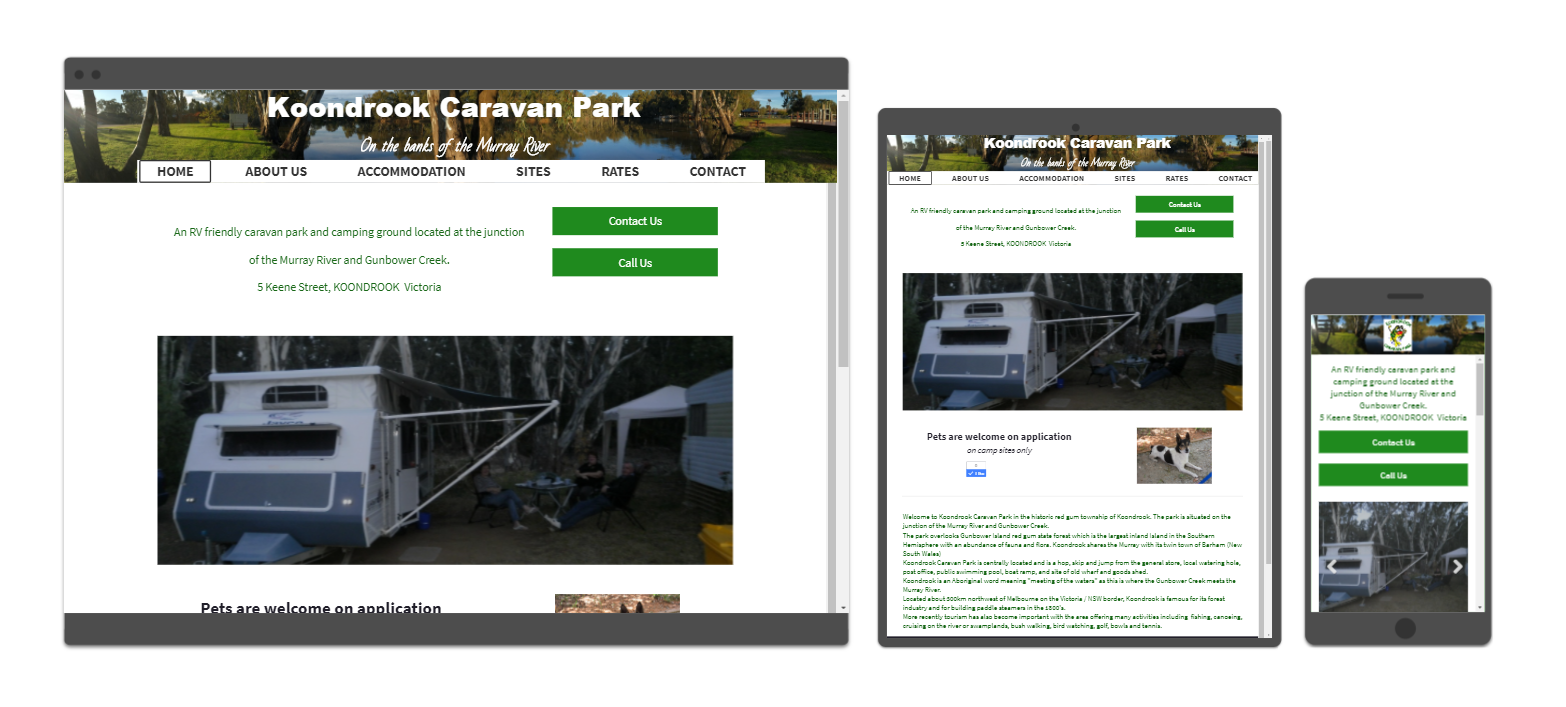 Screens displaying a website on a desktop, tablet, and phone, promoting a caravan park.
