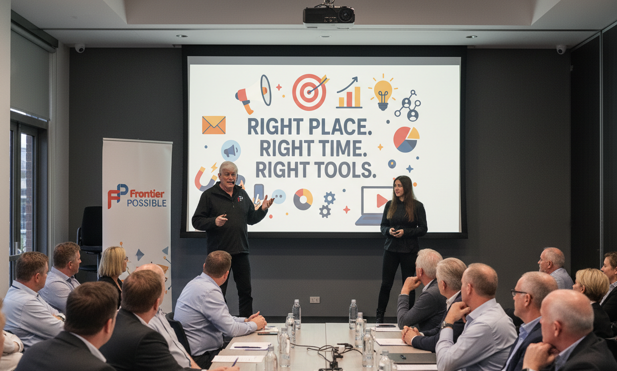 Two presenters, man and woman, give presentation to seated audience; screen shows