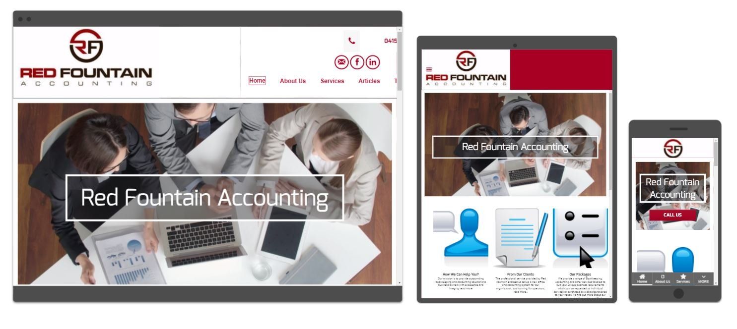 Red Fountain Accounting website displaying on a desktop, tablet, and smartphone.