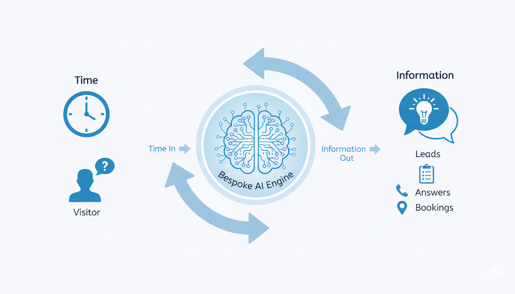Diagram showing AI brain center processing time and information, linked to a user.