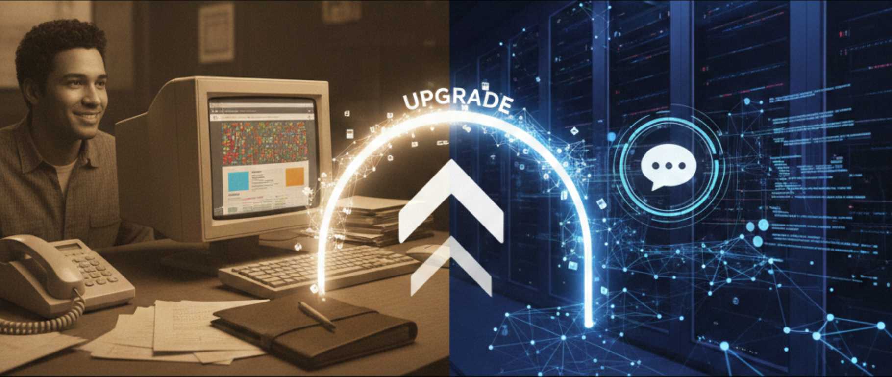 Man at old computer transitioning to a digital network, with the word 