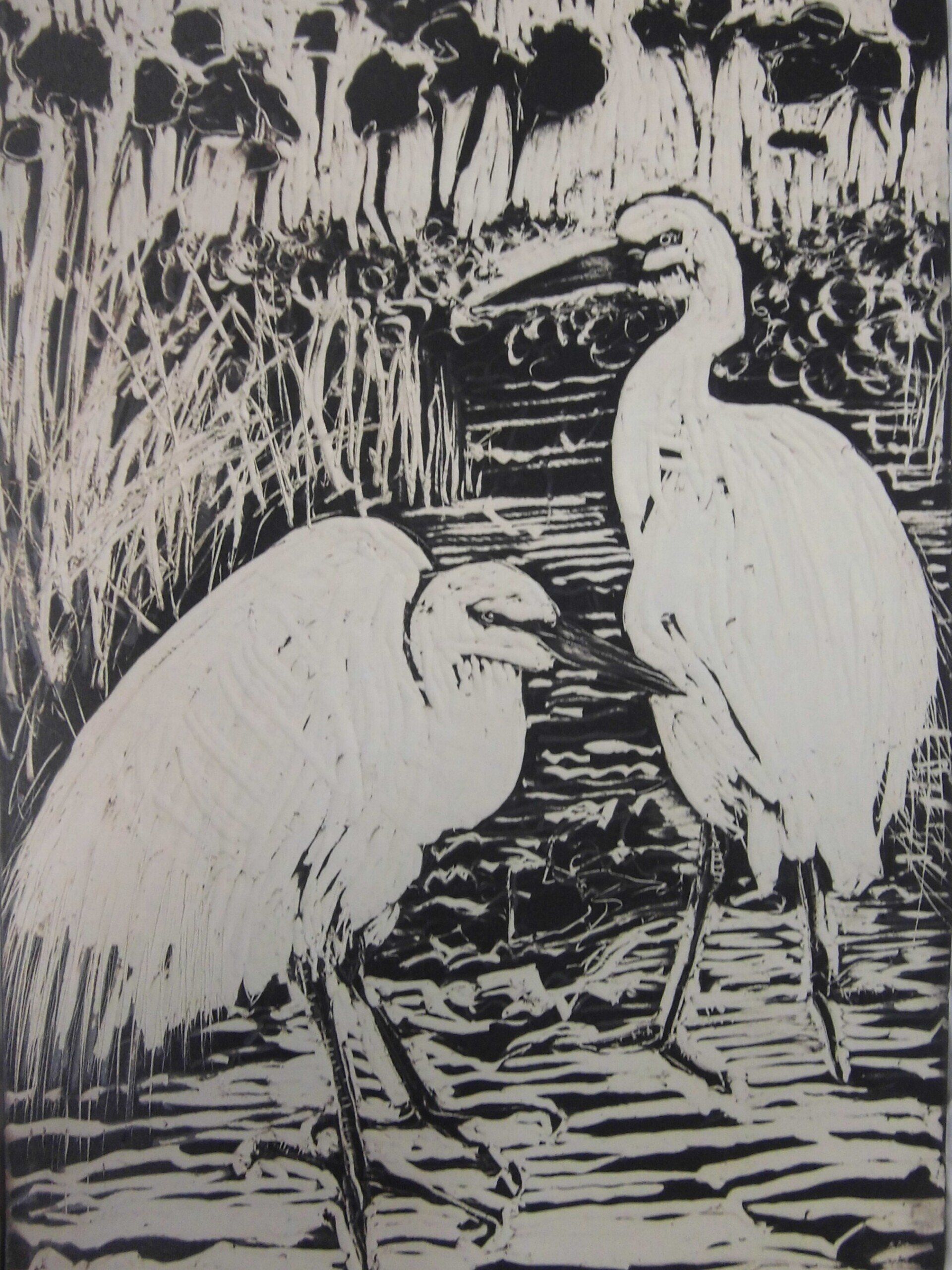 A black and white drawing of two birds standing next to each other