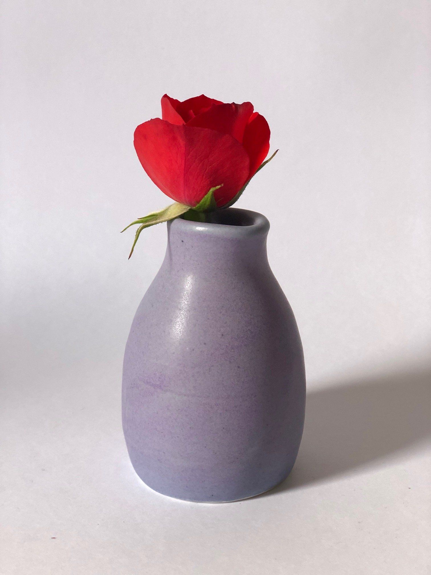 A small purple vase with a red rose in it