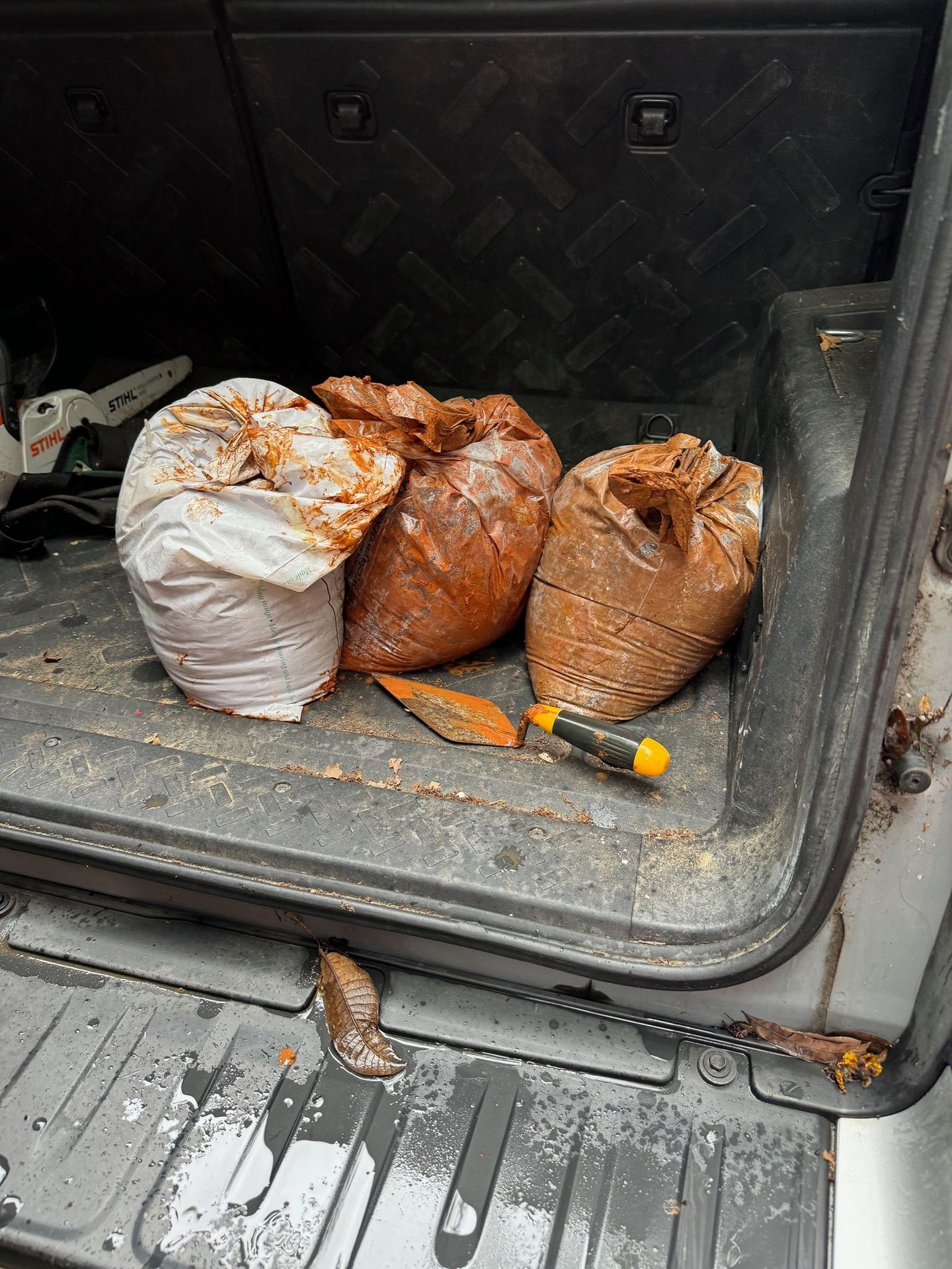 A bunch of bags are sitting in the back of a car.