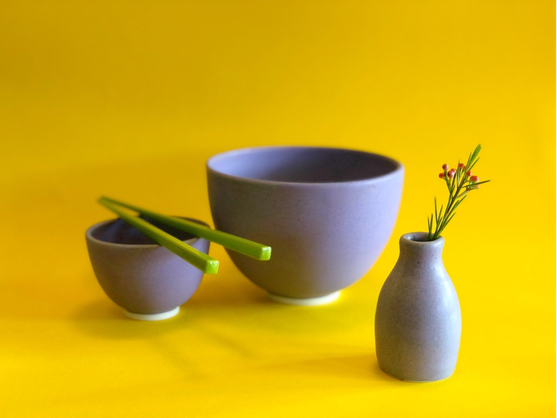 Two bowls and a vase with flowers on a yellow background