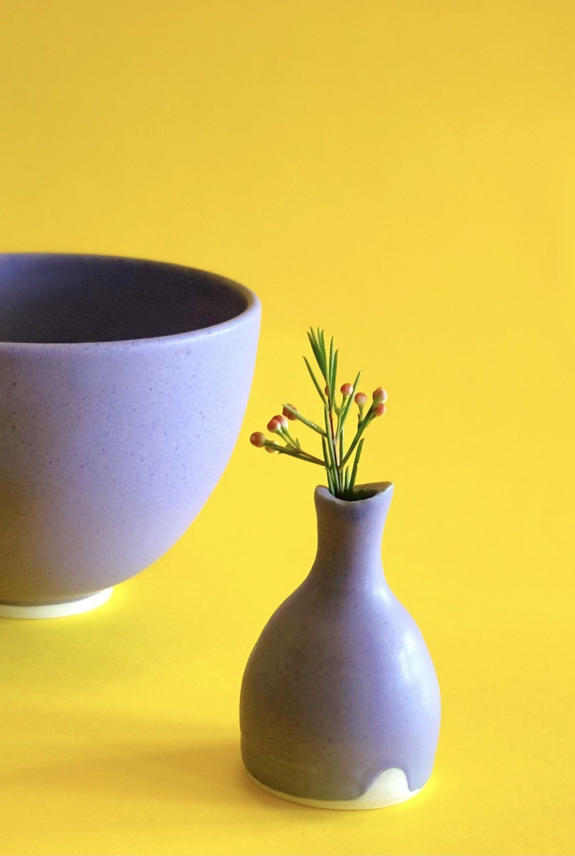 A small vase with flowers in it next to a bowl