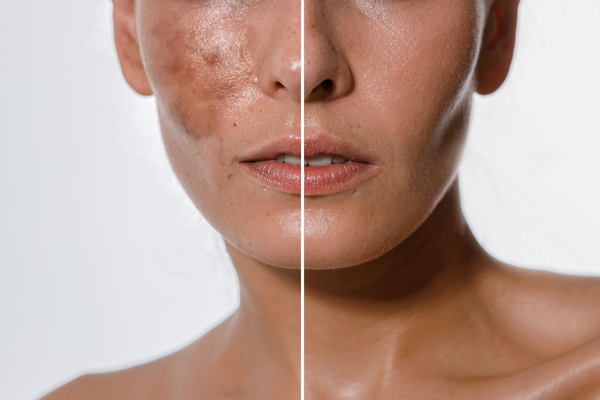 Woman's face shows skin with and without hyperpigmentation, split vertically. Right side is even-toned.