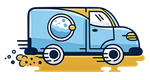 A light blue delivery van with a washing machine icon on its side, driving quickly over a yellow road surface.