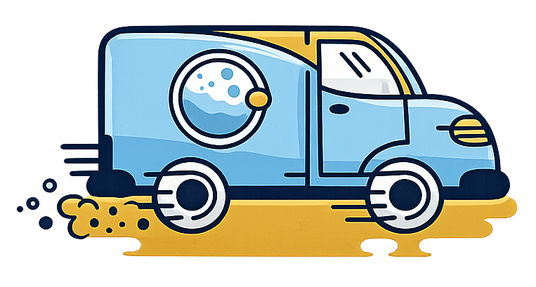 A light blue delivery van with a washing machine icon on its side, driving quickly over a yellow road surface.