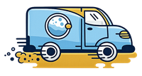 A light blue delivery van with a washing machine icon on its side, driving quickly over a yellow road surface.