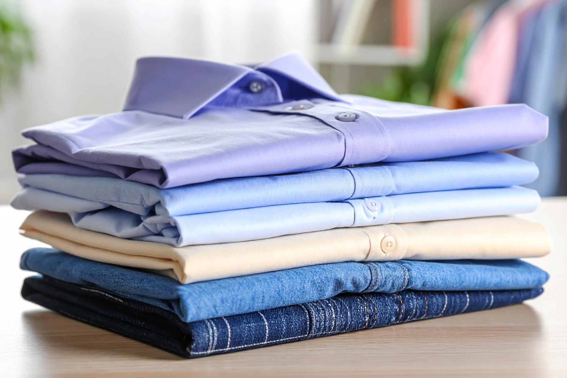 A neat stack of folded dress shirts in shades of purple, blue, beige, and patterned navy blue on a wooden table.