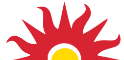 A red sun with a yellow center on a white background