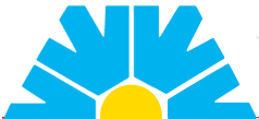 A blue and yellow logo with a sun in the middle.