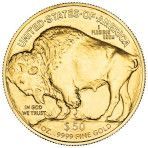 A gold coin with a picture of a bison on it.
