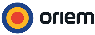 Oriem logo with a blue, yellow, and red circular icon and black wordmark