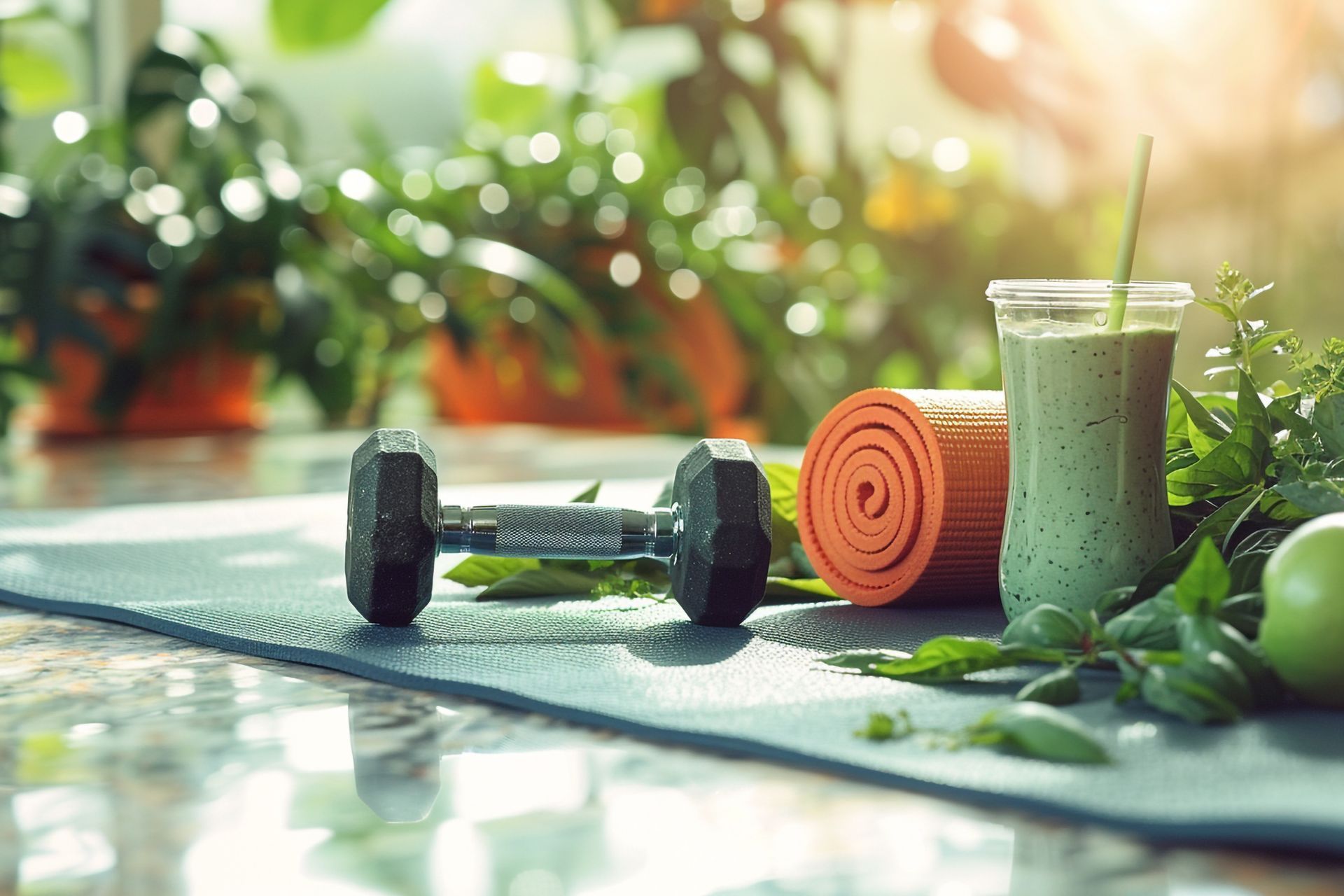 A yoga mat with a dumbbell and a smoothie on it