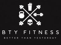 Logo for BTY Fitness: a black background with a white cross of dumbbells, a kettlebell, a skull, and a protein shaker.