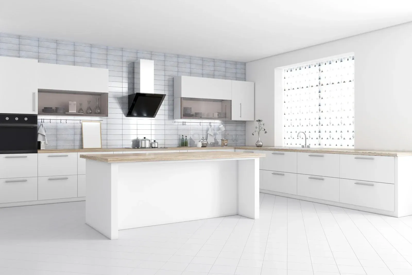 Modern white kitchen with island and light wood countertops, bright and airy.