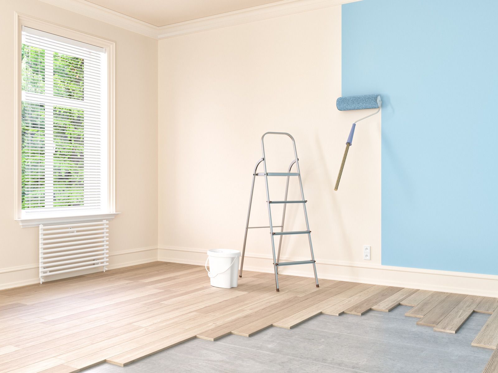 Green house with white porch, stairs, and trim, surrounded by greenery and red brick.