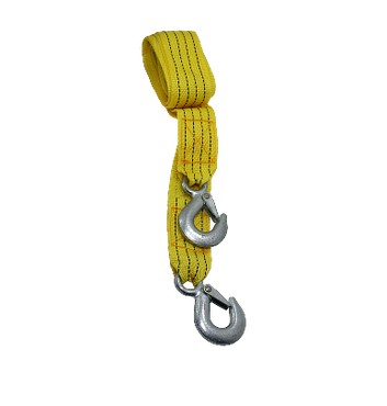 Yellow tow strap with two silver hooks. | Walk's Towing