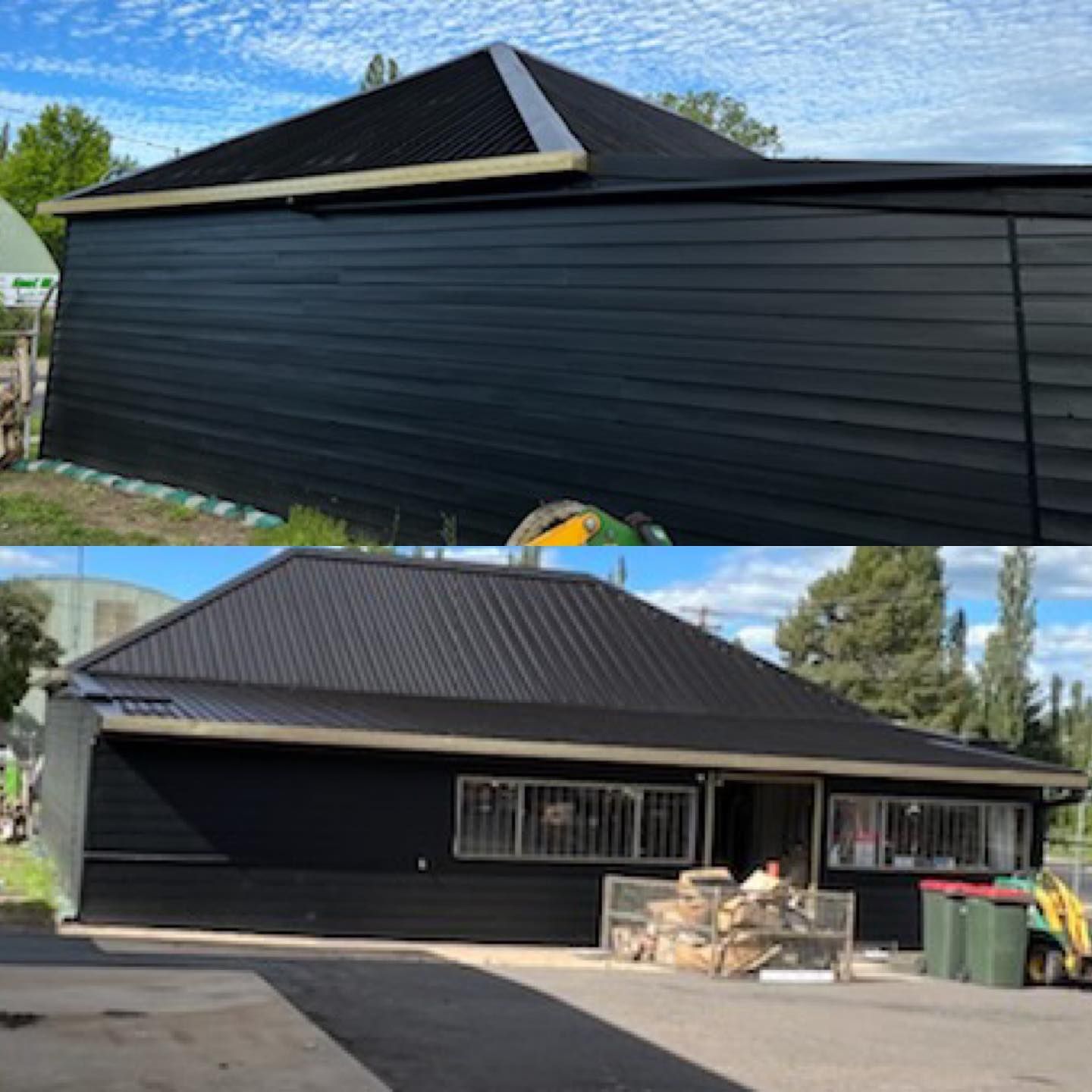 A before and after picture of a black house with a black roof