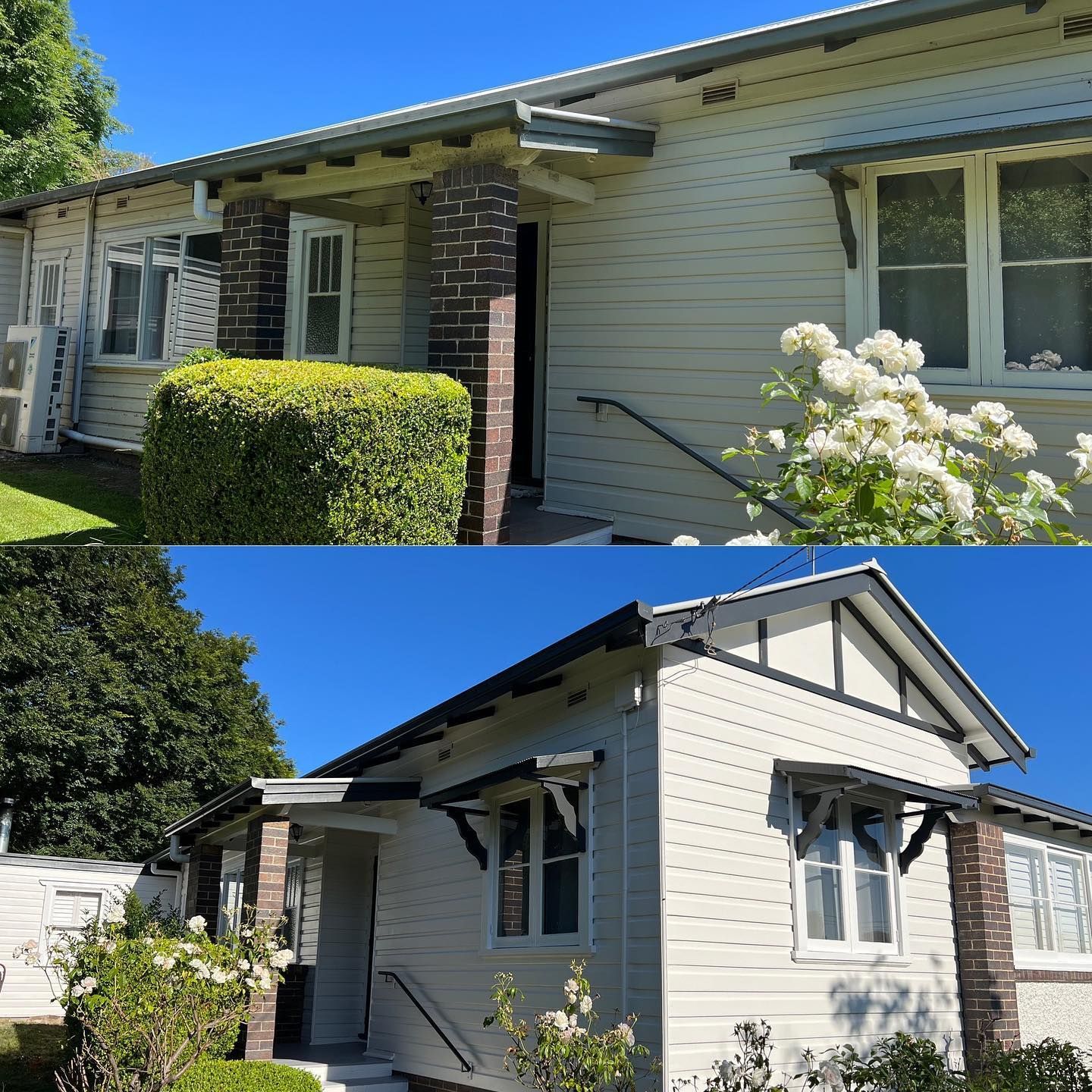 A before and after picture of a white house