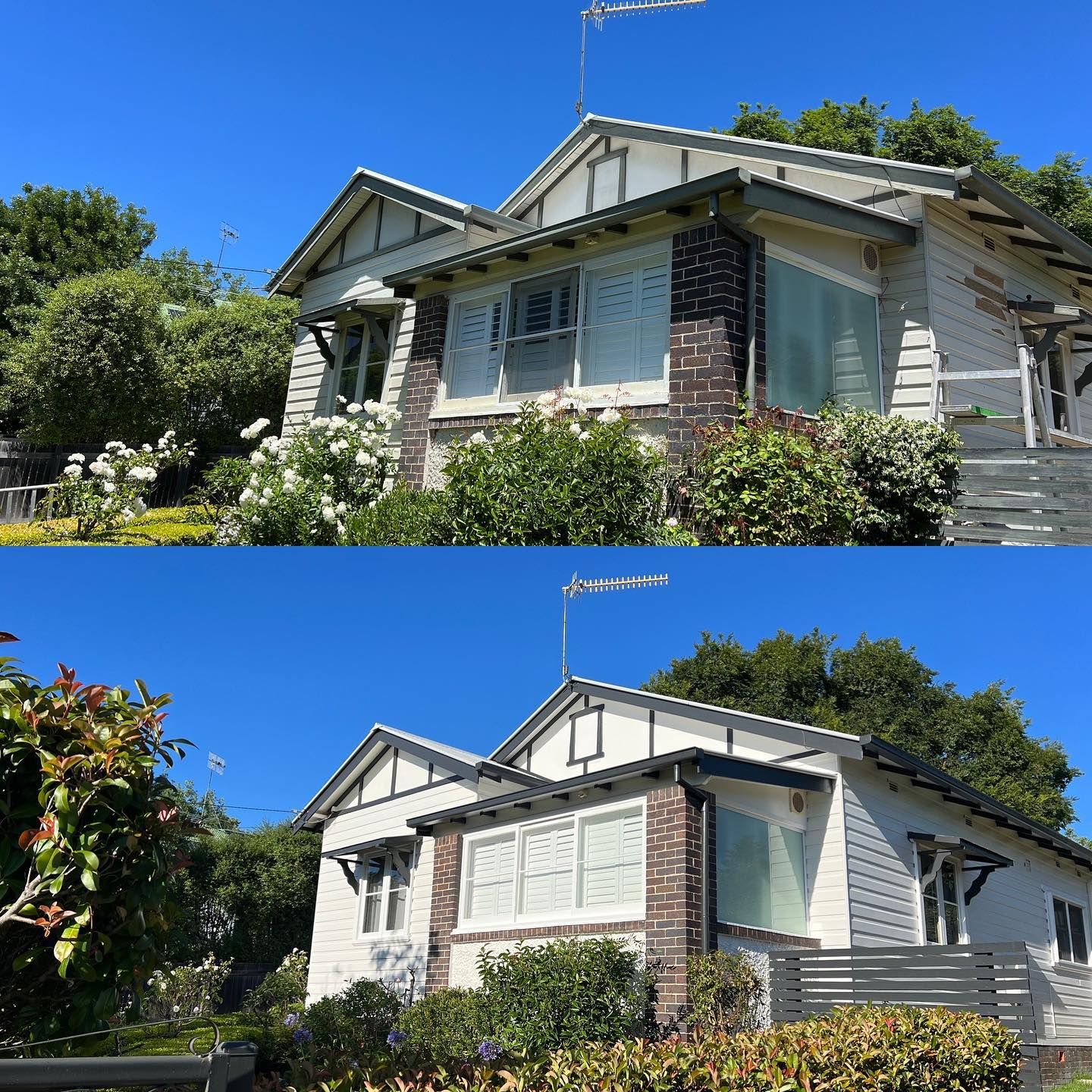 A before and after picture of a house with a satellite dish on top of it